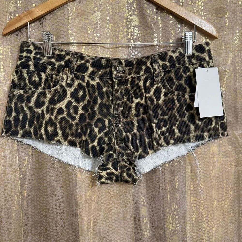 Seven7 Leopard Print Denim Cut Off Short Booty Low Rise Y2K Shorts 26 NWT